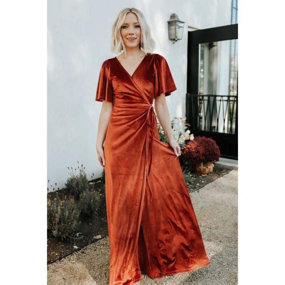 NWT Baltic Born Meghan Velvet Wrap Maxi Dress Rust Copper Spice Fall XS